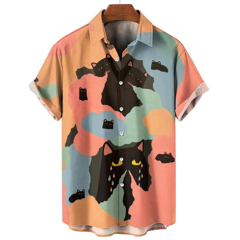 Anime Cat Graphic Shirts For MenCasual Men's Shirts Summer Oversized Tees Short Sleeve Tops Harajuku Streetwear Men's Clothing