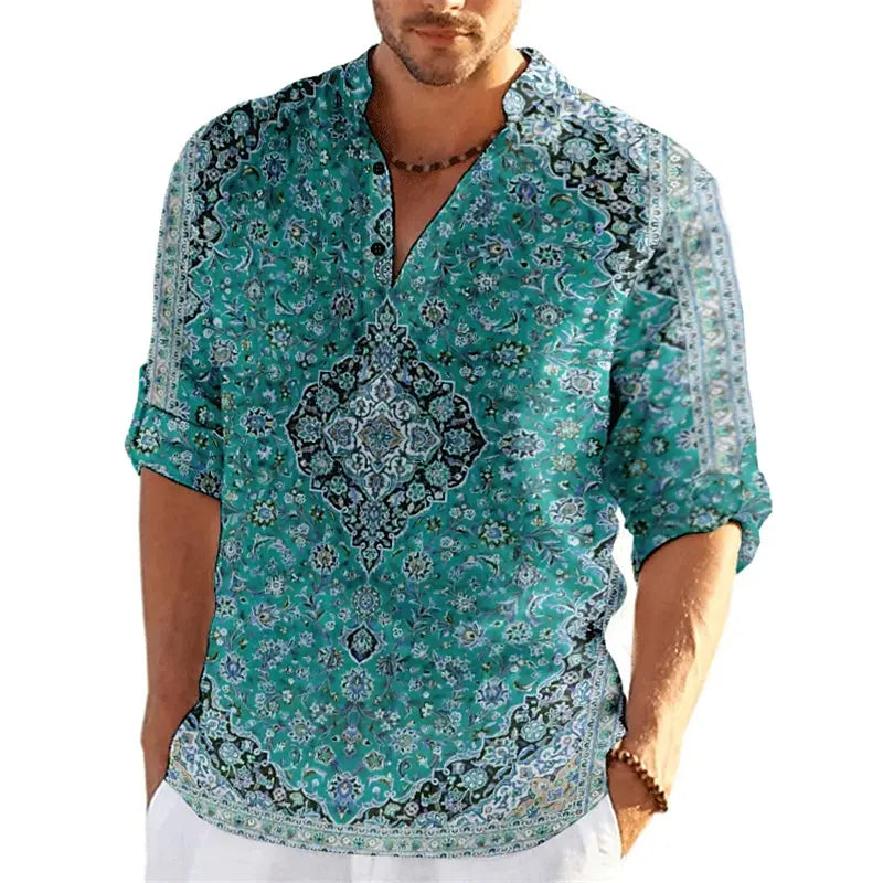 Autumn Flower 3D Print Luxury Henley Shirts Men's Fashion Vintage Floral Stand Collar Long Sleeve Shirt Tops Blouse Man Clothing