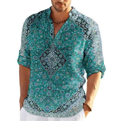 Autumn Flower 3D Print Luxury Henley Shirts Men's Fashion Vintage Floral Stand Collar Long Sleeve Shirt Tops Blouse Man Clothing